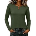 thumbnail image 2 of IUYRTFE Women's Crew Neck Long Sleeve Top with Notched Detail Slim Fit Solid Color Casual Tee, 2 of 8