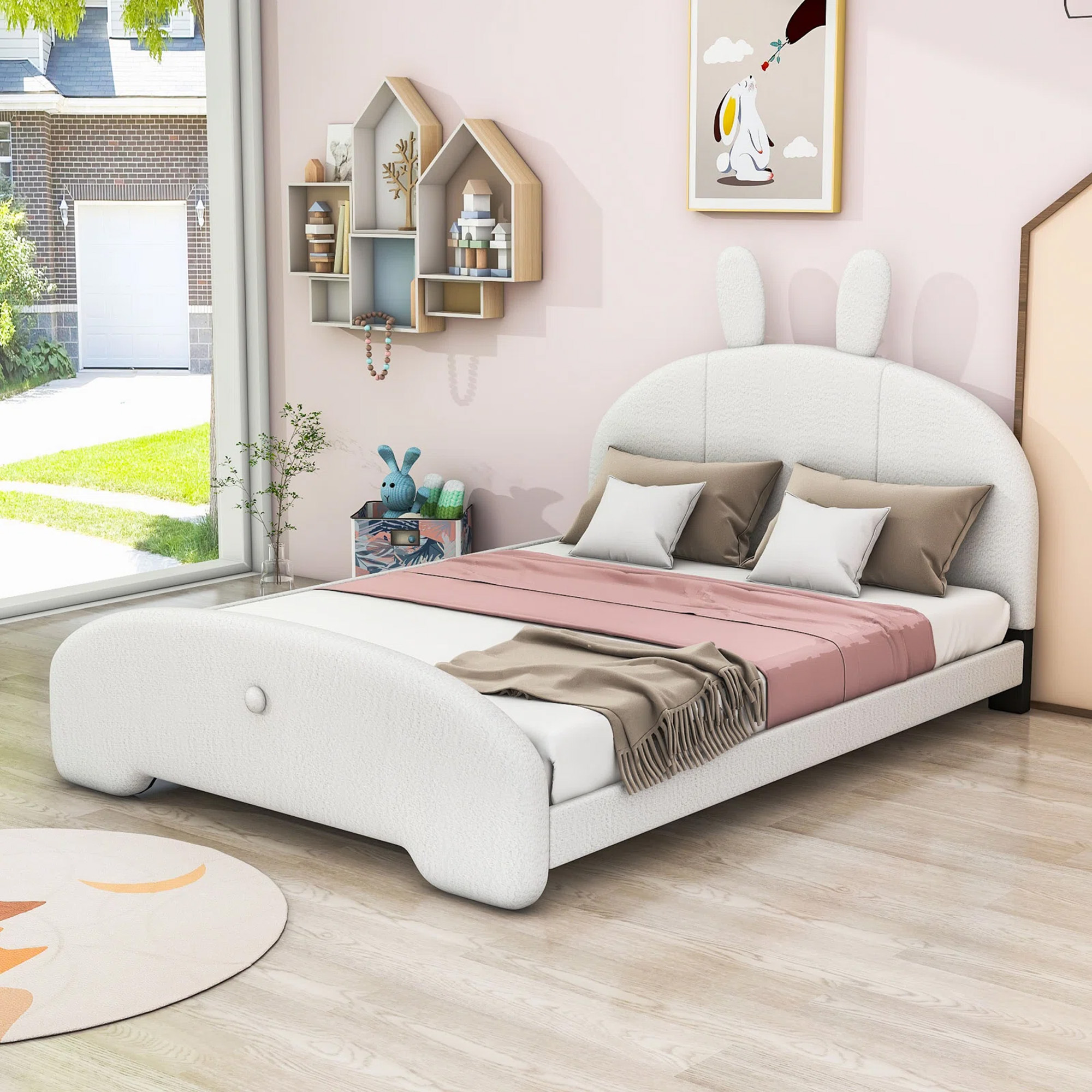 Aukfa Full Size Upholstered Platform Bed with Cartoon Bunny Ears Headboard for Kids Girls, White