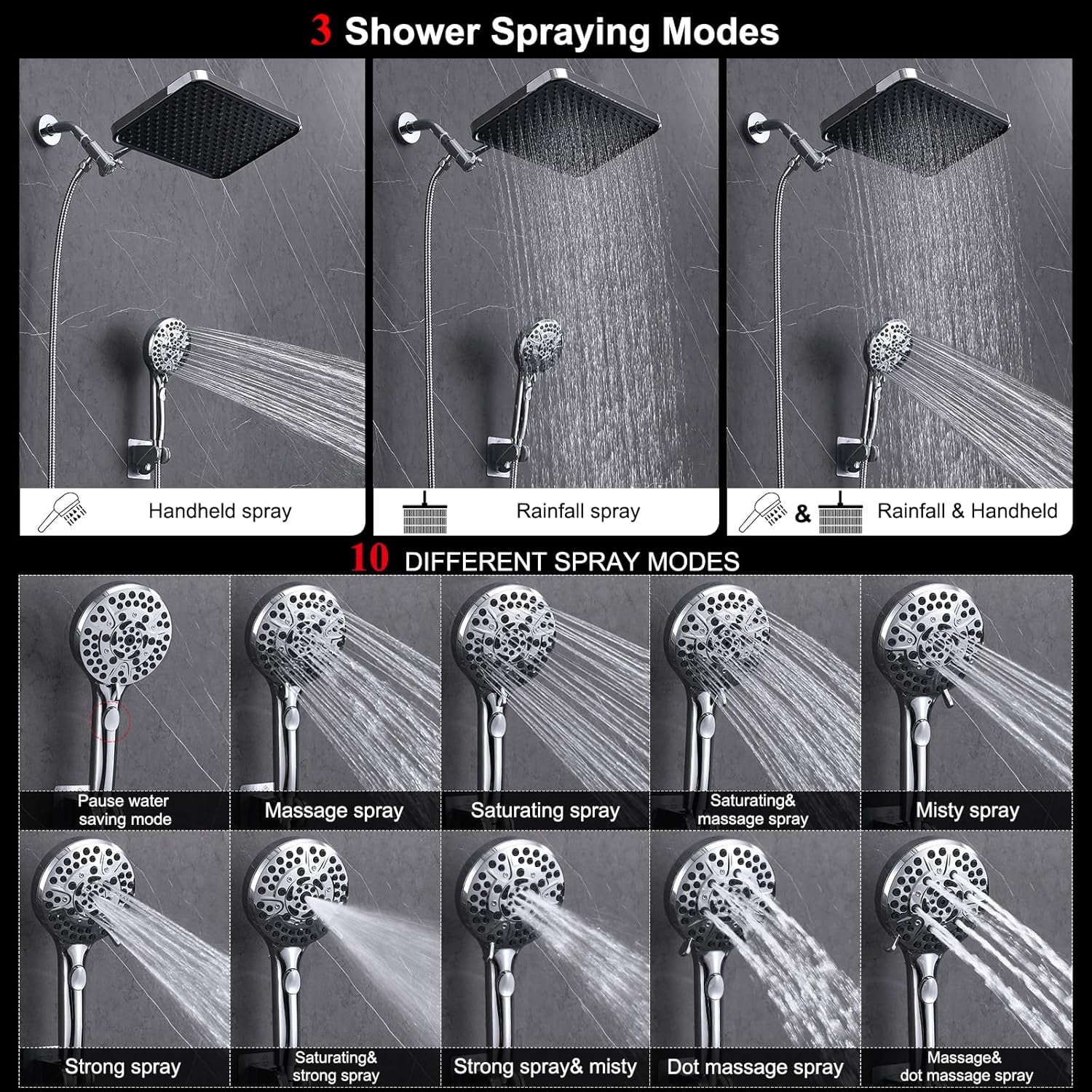 Rainfall Shower Head with Handheld, 14 Inch Rain Shower Head Combo,High Pressure Fixed Showerhead and 10 Spray Settings Handheld Shower Heads,Bathroom Accessories,Chrome