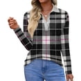 thumbnail image 2 of Striped Long Sleeve Polo Shirts for Women Business V Neck Collared Tops Button Down Loose Fit T Shirt Black M, 2 of 5