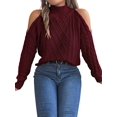 thumbnail image 3 of Womens Cold Shoulder Sweaters 2025 Fall Winter Long Sleeve Soft Chunky Cable Knit Pullovers Jumper Tops Wine Red XL, 3 of 10