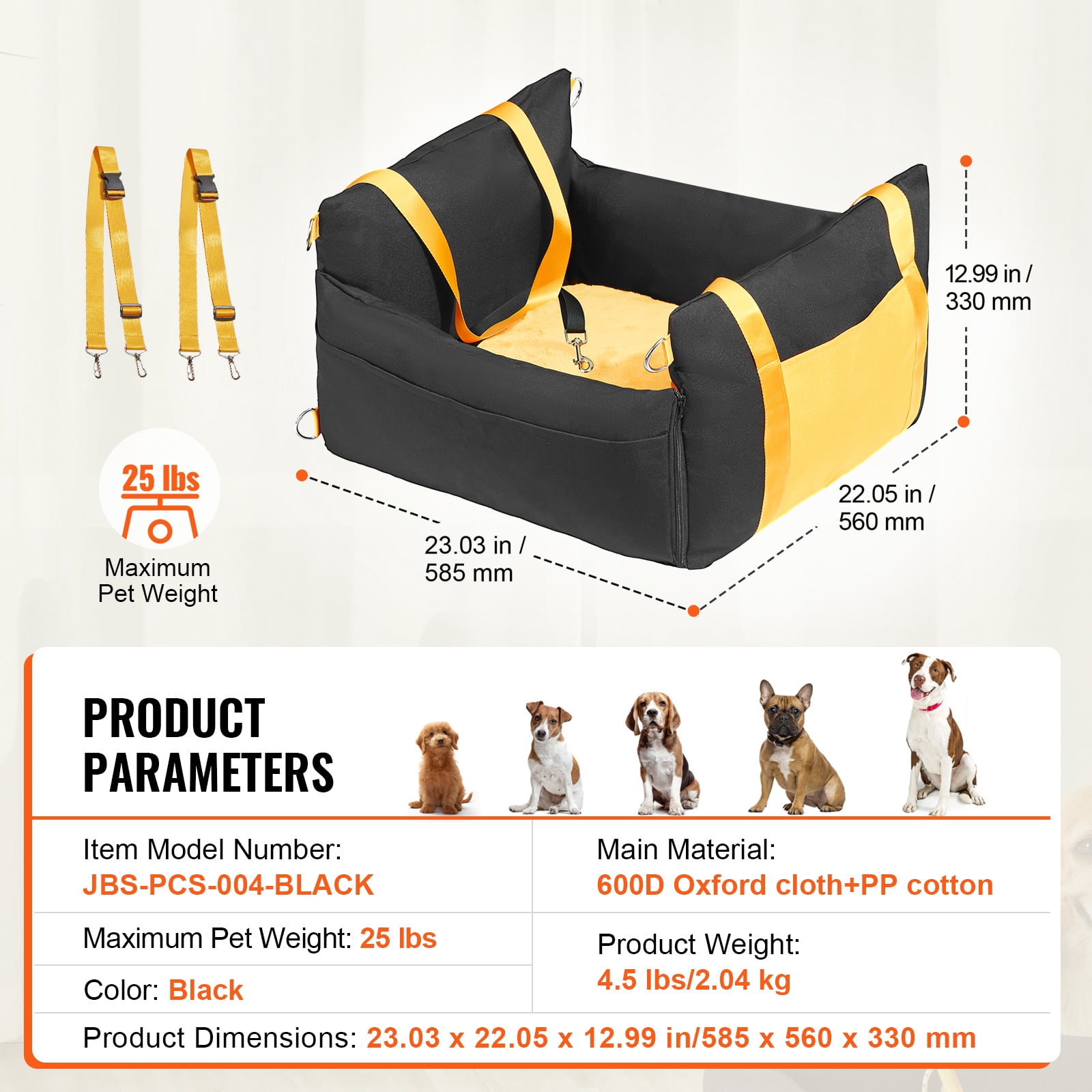 KFFKFF Pet Car Seat, Water-Resistant Booster Seat for Dogs with Handles, Storage Compartment, Safety Tether, and Soft PP Cotton Padding, Ideal for Small Dogs up to 25lbs, Black