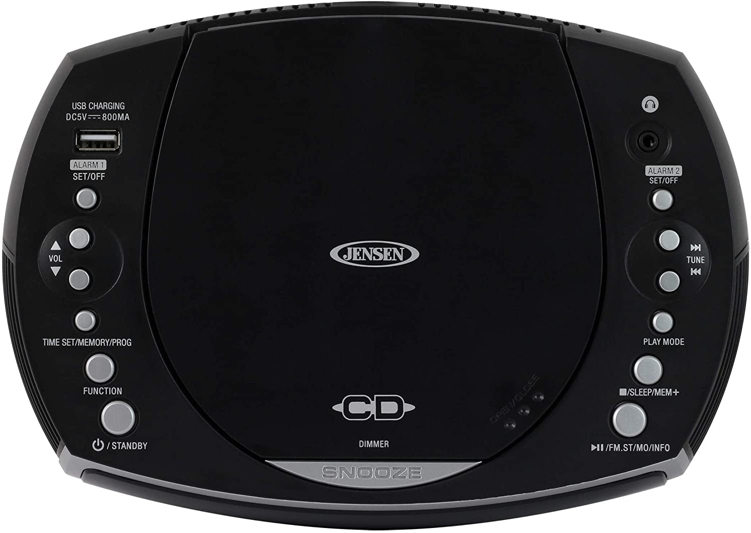 Jensen JCR-322 Modern Home CD Tabletop Stereo Clock Digital AM/FM Radio CD Player Dual Alarm Clock (Black)