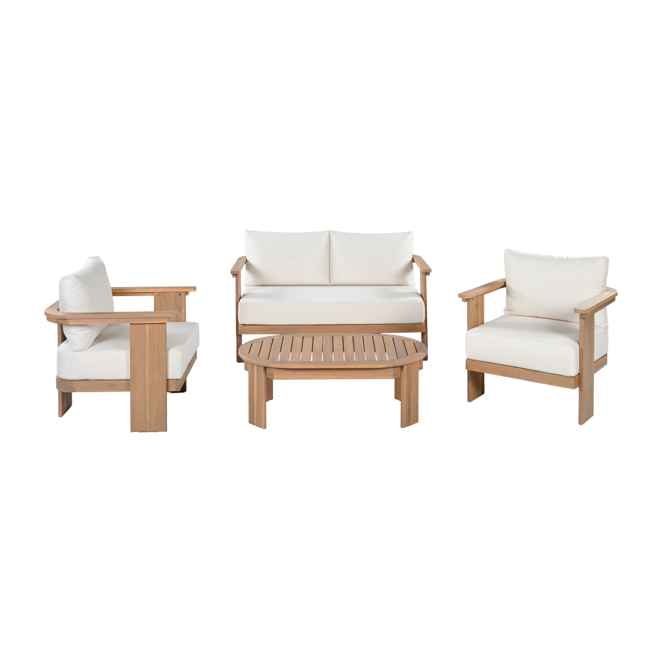 Christopher Knight Home 4-Piece Patio Conversation Set with Coffee Table, Beige Cushions, Light Teak