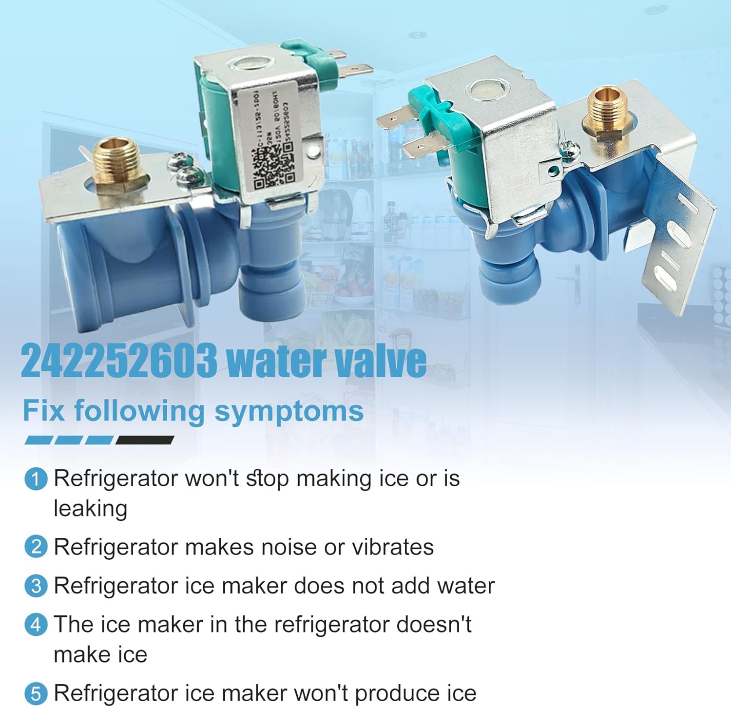 RVKXHD 242252603 Refrigerator Ice Maker Water Inlet Valve, for Frigidaire kenmore Electrolux Icemaker Solenoid Valves, Replacement parts AP5671756 241803703 241803701 218475600 218720400 240380301