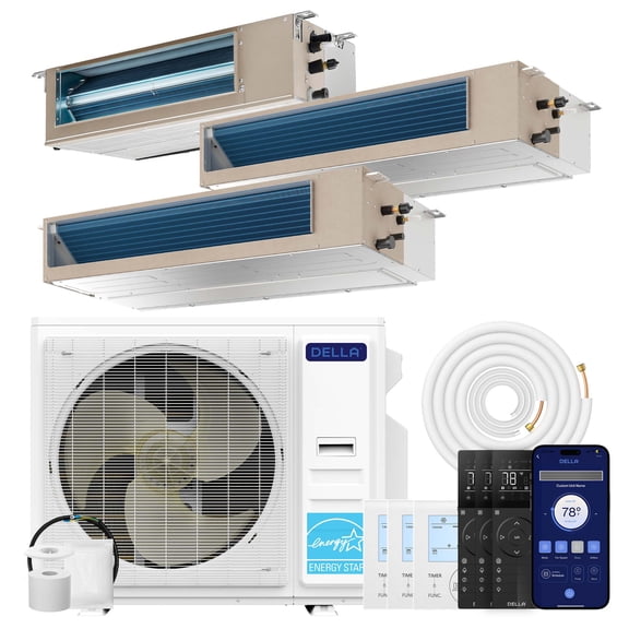 DELLA 41K BTU 3 Zone (9,500 22,000 22,000 BTU) Concealed Ducted Mini Split AC, 20 SEER2, Energy Star, 230V Inverter Heat Pump System, Pre-Charged, Work with Alexa and Wifi, 25ft Kit & Thermostat