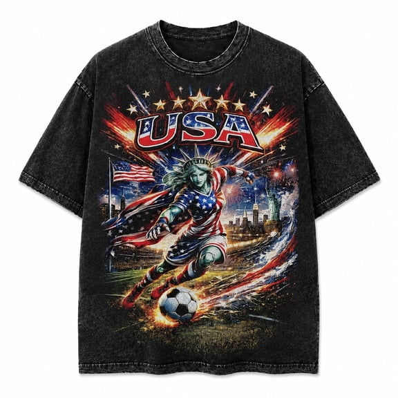 USA Soccer Graphic Mineral Wash T-Shirt, Patriotic Unisex Classic Fit Cotton Tee, Black or Beige, Sizes S-5XL