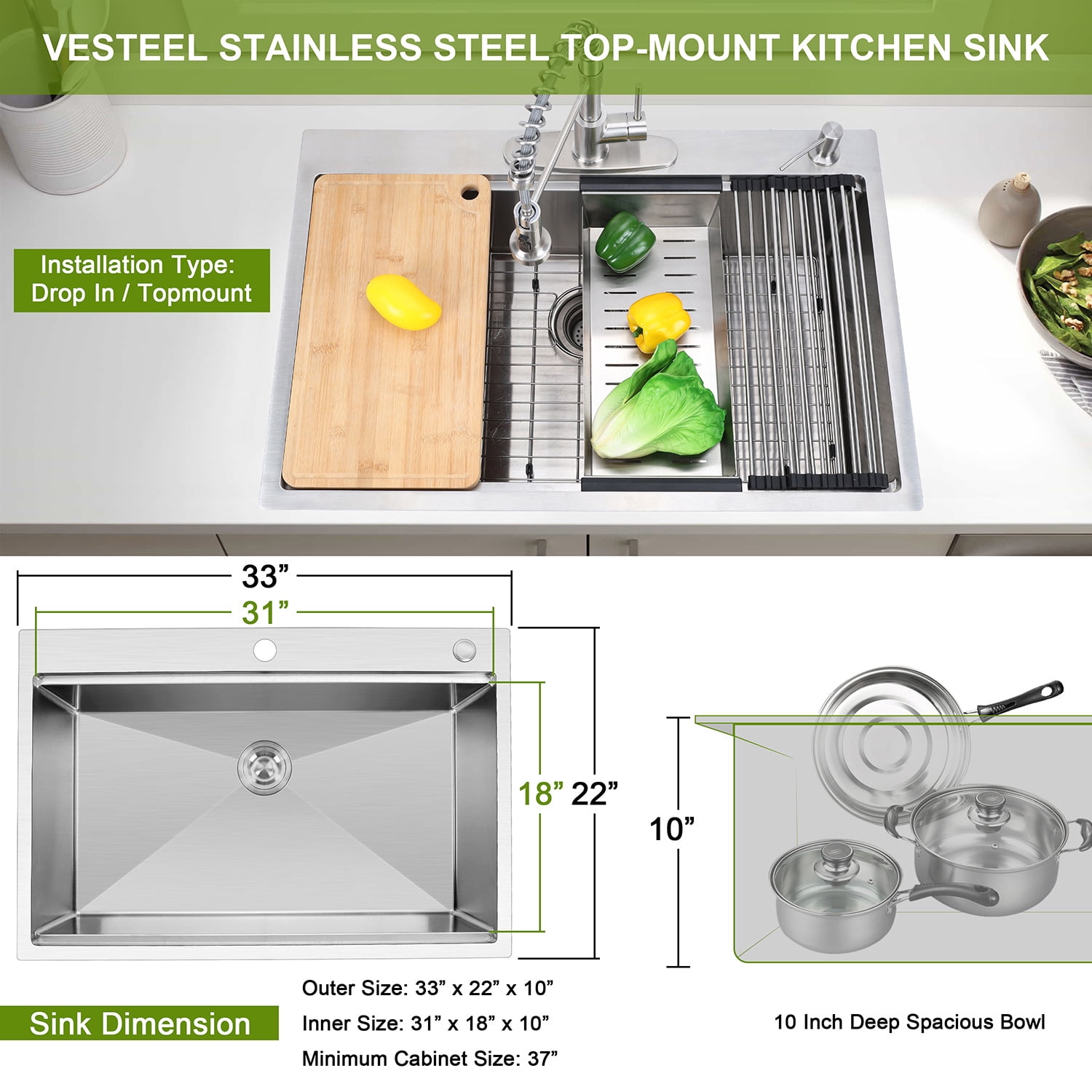 Vesteel Workstation Kitchen Sink, 33 x 22 Drop In Stainless Steel Single Bowl Sink Basin, Topmount Sink include 4 Sink Accessories