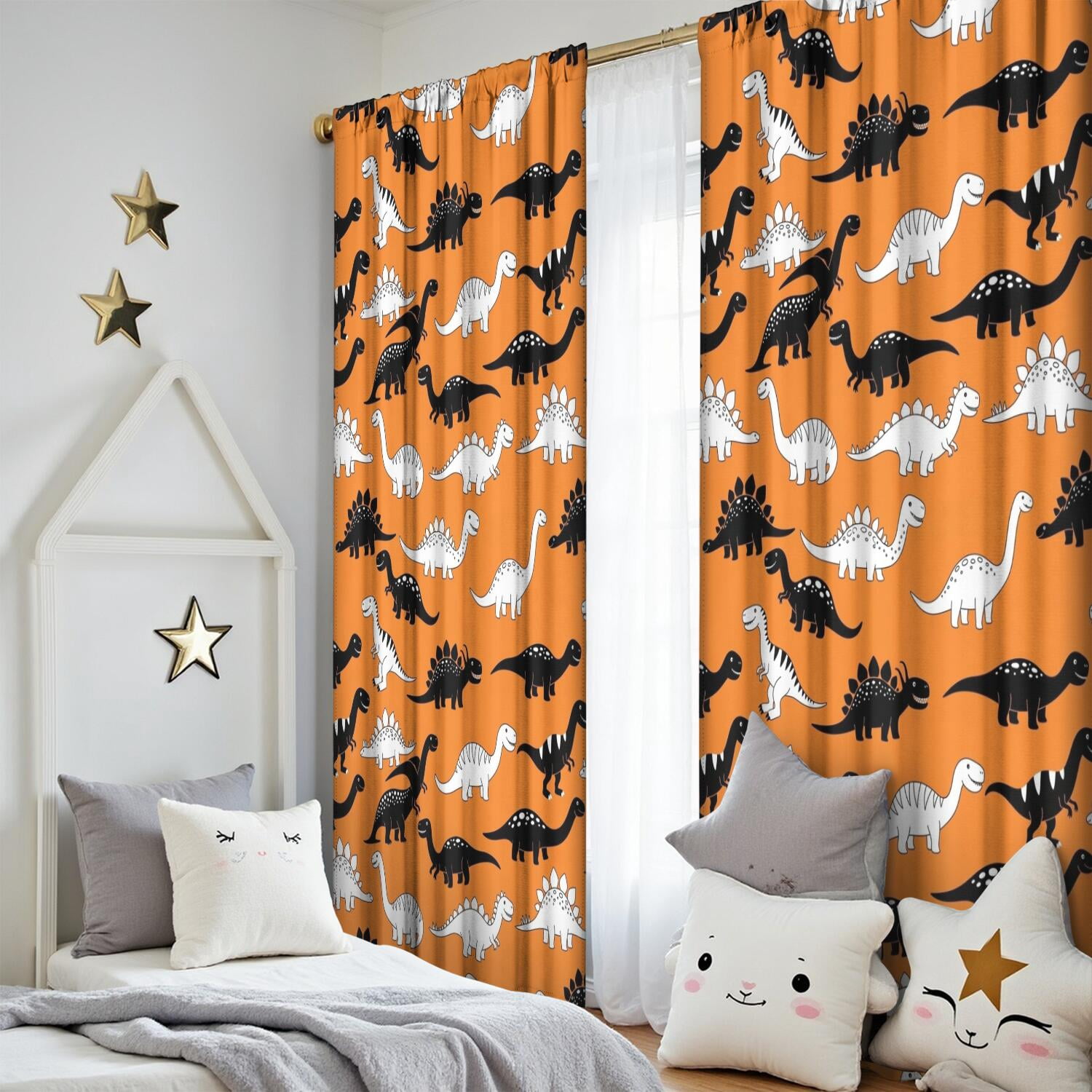 Blackout Kids Curtains,Orange Cartoon Black White Dinosaurs Pattern Childrens Insulated Curtains Set Of 2,Bedroom Essentials,Toddler Room Decor 52"x84"