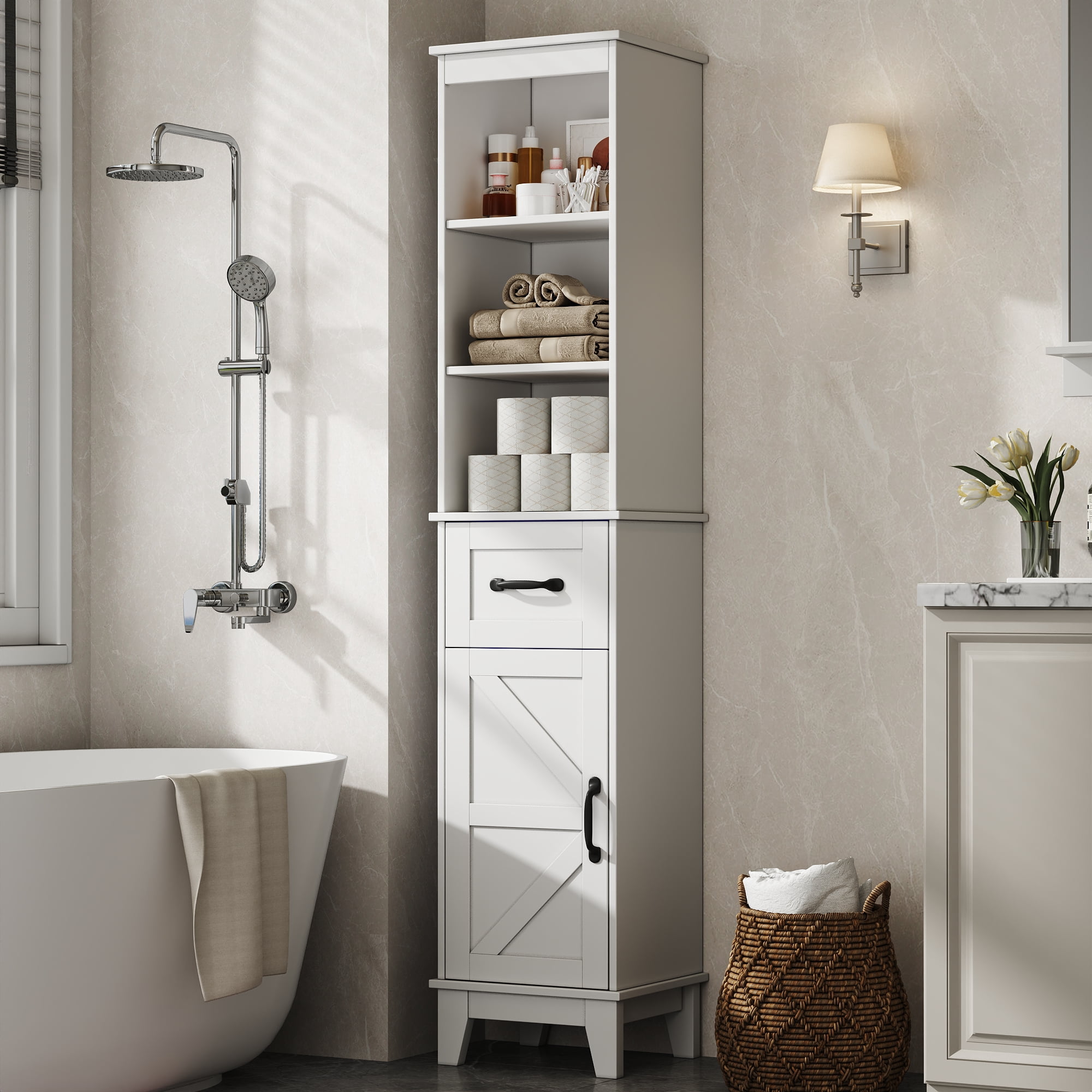 Tall Bathroom Storage Cabinet with Barn Door and Drawer, Narrow Freestanding Linen Cabinet for Bathroom, White