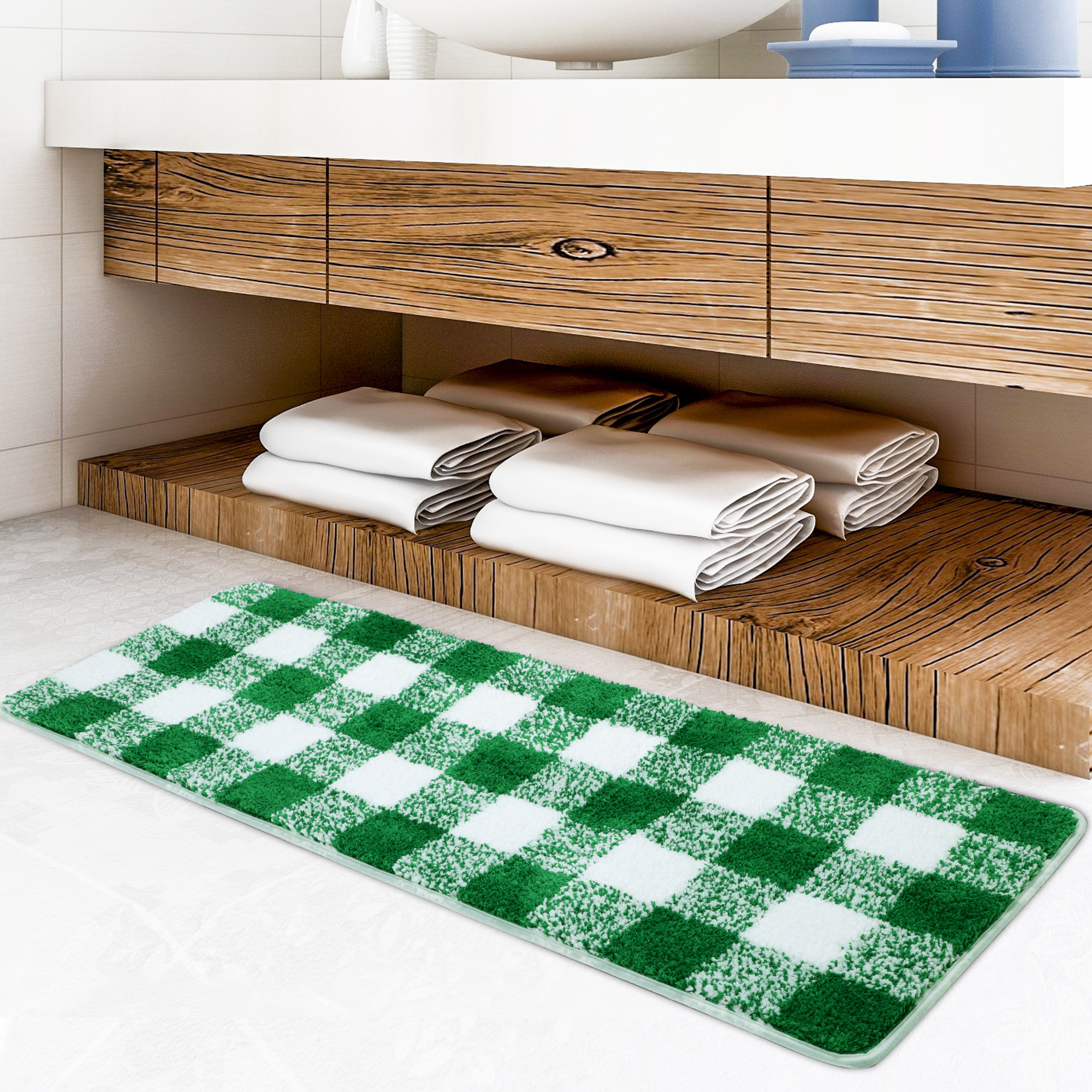 REGALWOVEN Microfiber Plaid Bathroom Rugs, Extra Soft Fluffy Absorbent Bath Rug Green & White 17"x47"