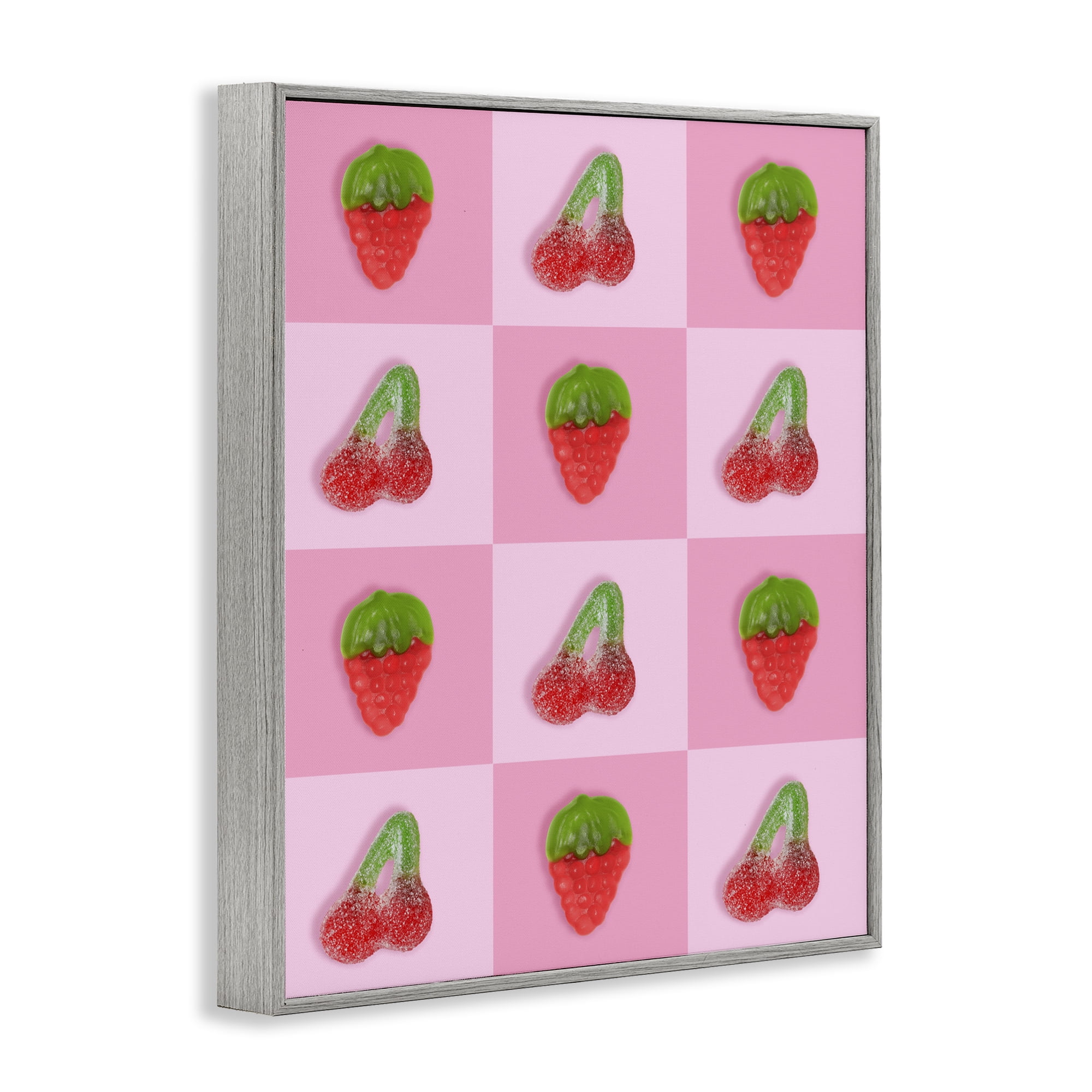 Stupell Industries Gummy Strawberry and Cherry Checkerboard Gray Framed Giclee Art, design by LISH Creative