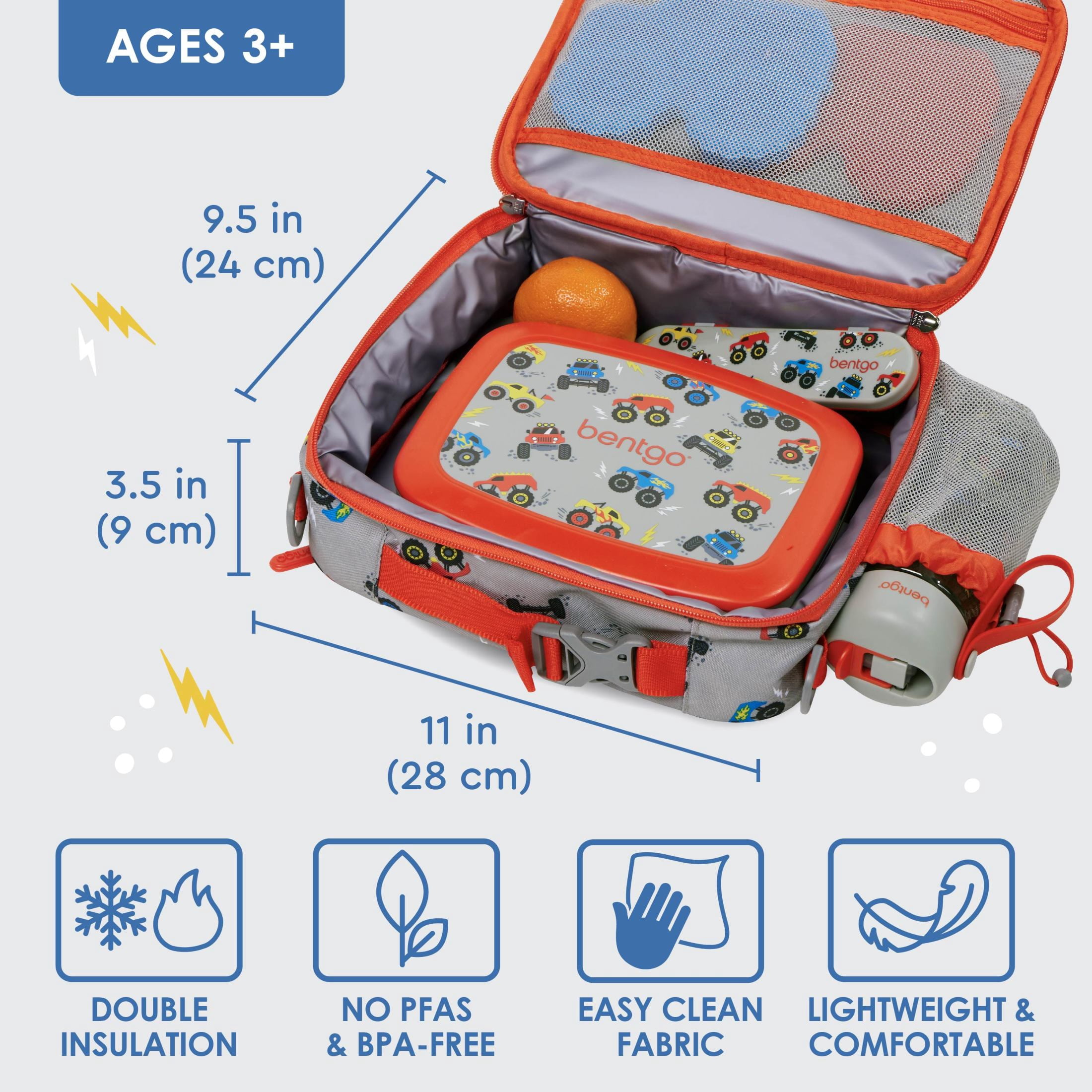 Bentgo Kids Lunch Bag - Double-Insulated, Reusable Lunch Bag for Kids 3+ with Adjustable Strap; Holds Lunch Box/Water Bottle/Snacks; Easy-Clean, Water-Resistant & Pockets (Trucks)