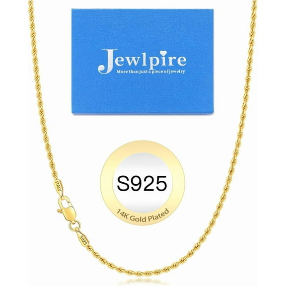 Italian 14K Real Top Gold Over 925 Sterling Silver Chain Necklace for Women Men, 1.5mm Rope Chain Dainty & Sturdy Women's Chain Necklaces 16 18 20 22 24 26 Inch[c675]