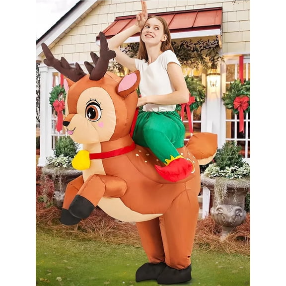 Adult Inflatable Christmas Reindeer Ride-On Costume (Cute Bell & Festive Accents) - Holiday Theme Party Outfit (Fits 150-190cm),Height 59"–74.8",Reindeer