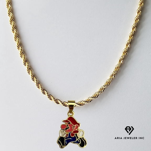 14k Bonded Gold Necklace with Mario Pendant, Best Christmas Unisex Gift for Women, Men Mother, Father, Girlfriend, Boyfriend, Her, Him, Rope Chain with Charm by Artisan Jeweler