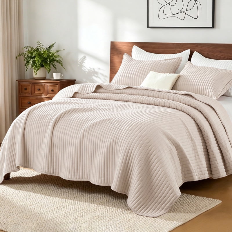 Exclusivo Mezcla Full Queen Quilt Bedding Set, Stripe Stitching Beige Quilts Queen Size for All Seasons, Soft Lightweight Microfiber Bedspreads Coverlets Bed Cover, 90"x96"