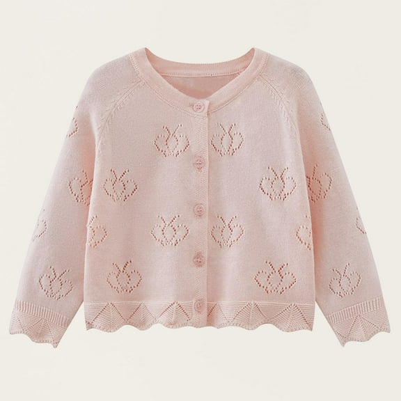 Viluyesy Toddler Girls Cardigan Sweater, Floral Hollow Out Long Sleeve Shrug Crewneck Knitted Sweater Tops Pink 6T