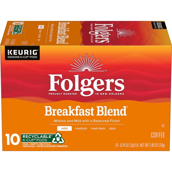 Folgers Breakfast Blend Coffee, Mild Roast, Keurig K Cup Pods, 10 Count
