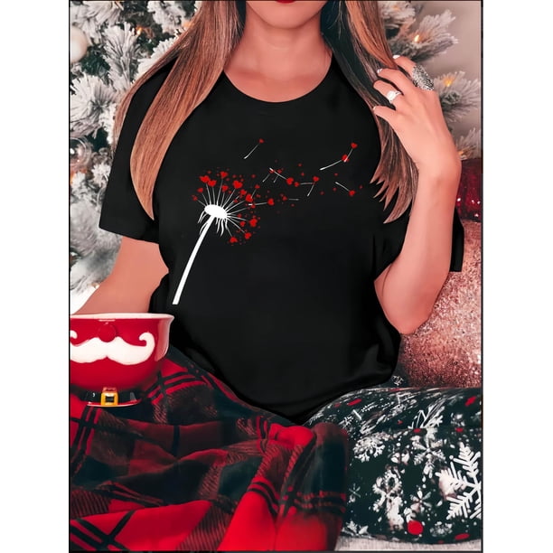 Creative Heart Dandelion Pattern Printed Women'S Fashionable Round Neck Short Sleeve, Simple Casual Sports T-Shirt, Comfortable Summer Top for Women During Holidays.