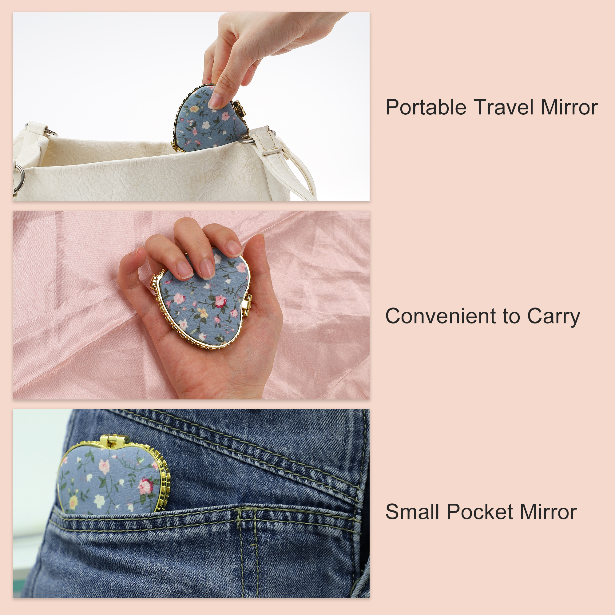 Unique Bargains Compact Heart Shape Pocket Mini Mirror for Purse Blue