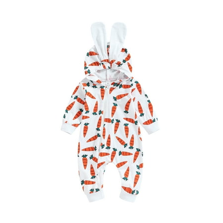 

Calsunbaby Newborn Baby Girrls Easter Romper Long Sleeve Zip Front Carrot Print Hooded Bunny Jumpsuit Outfits 6-12 Months