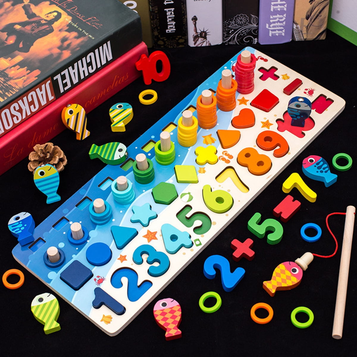 Wooden Number Puzzle with Beads &amp; Shapes - Fishing Montessori Sorting Toy for Early Learning