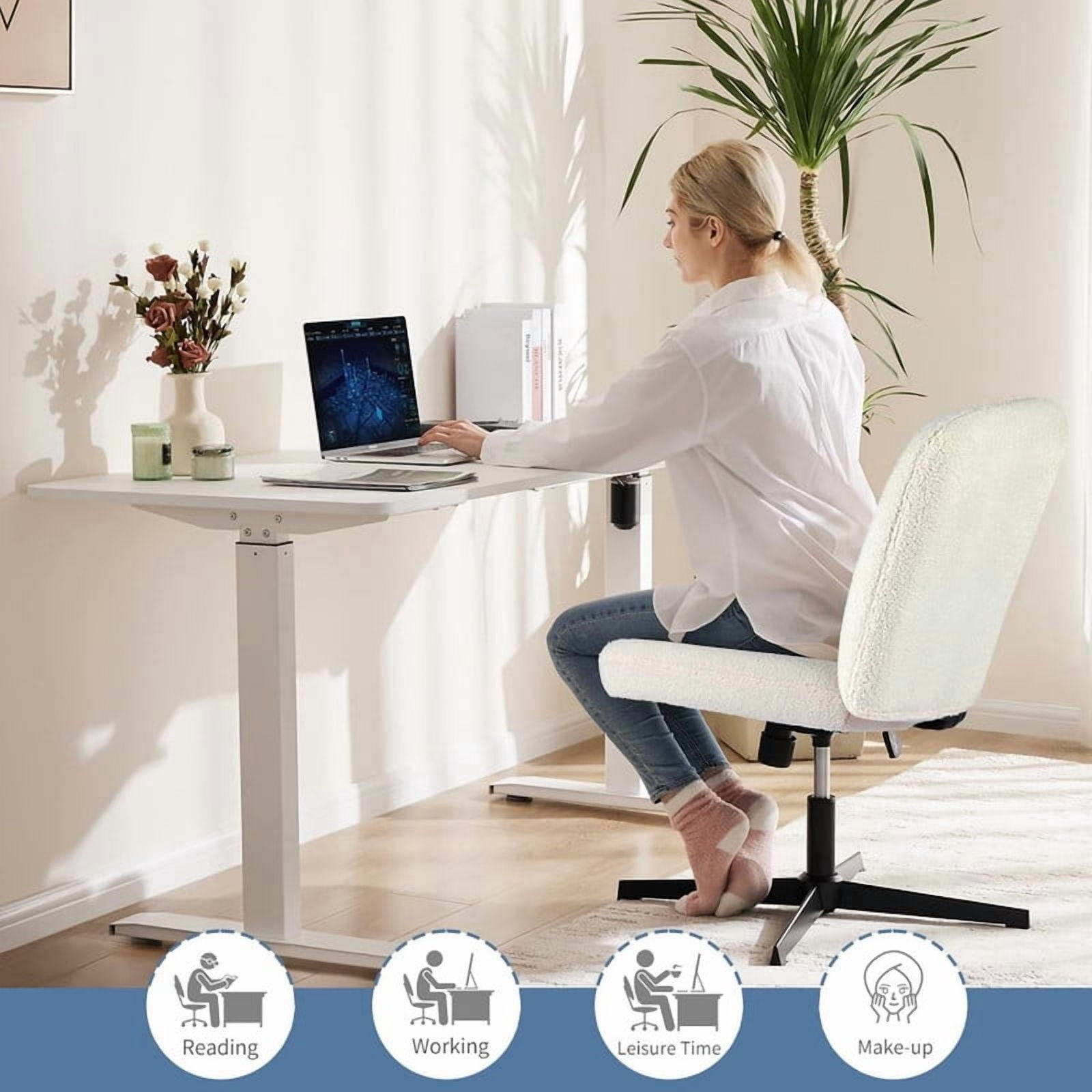 Kelno Teddy Cross Legged Desk Chair Wide Seat Chair Ergonomic Height Adjustable Swivel Office Vanity Chair, Beige