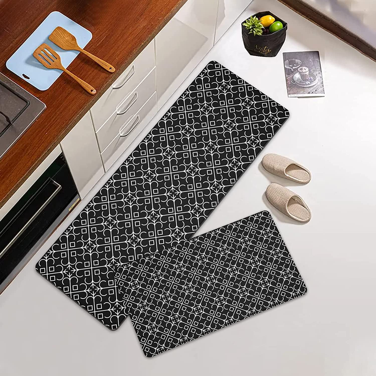 Anti Fatigue Kitchen Mat 2 Piece, White Floral Trellis Black Kitchen Rugs, Memory Foam Kitchen