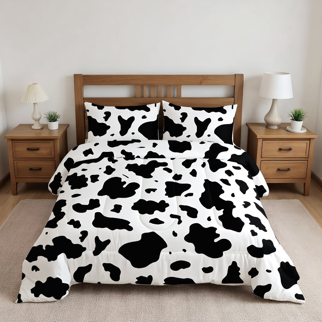 Psoiuetr Black and White Cow Comforter Set Full Size Wild Animal Farmhouse Rustic Cowhide Bedding Sets with 2 Pillowcases for Kids Teens Boys Girls 3 Pieces