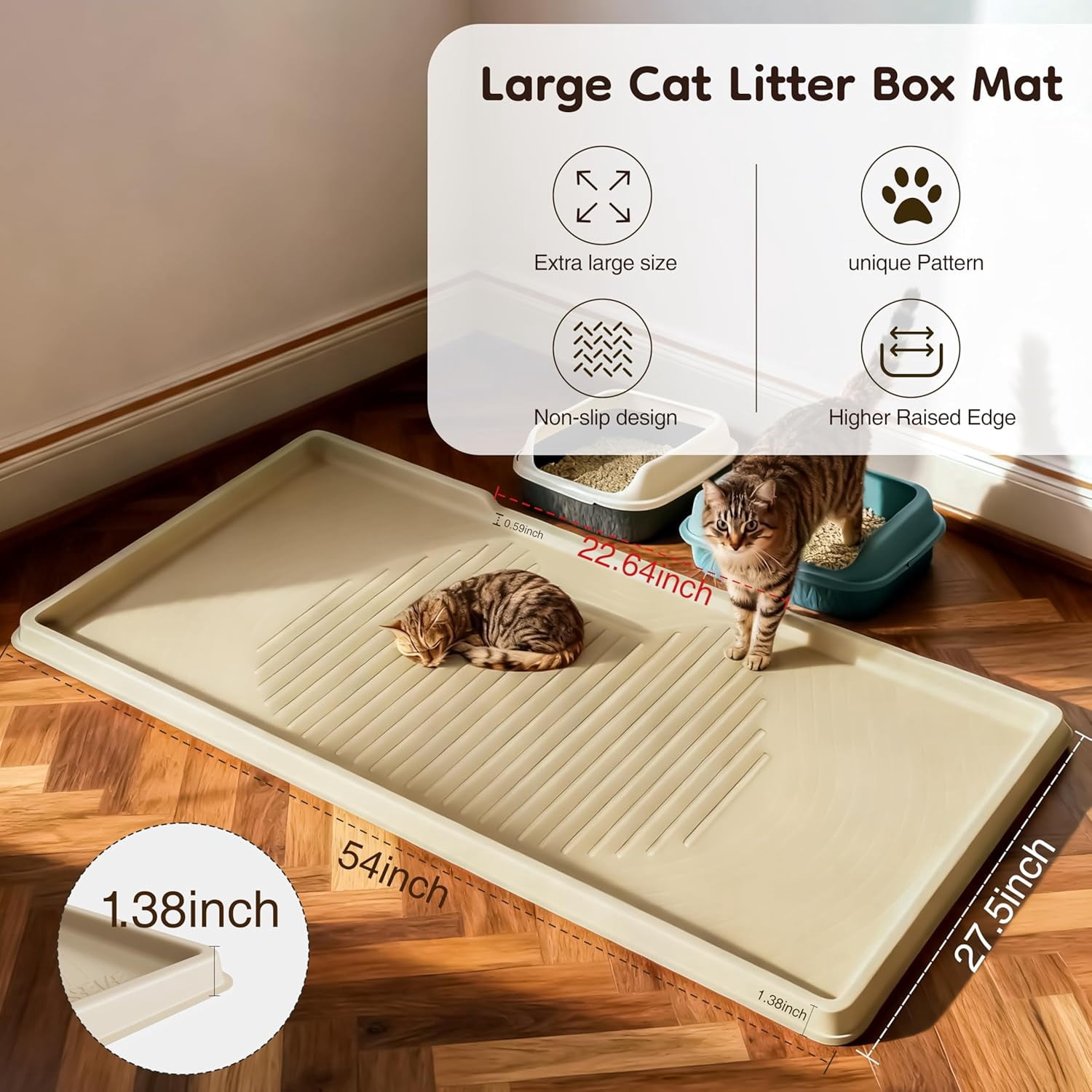 Cat Litter Mat 54" x 27.5" XXL, Extra Large Silicone Mat for Litter Box, 1.38" Raised Edge Waterproof Litter Trapping Mat Pad for Scatter Control, Soft on Kitty Paws, Protect Floor (Beige)