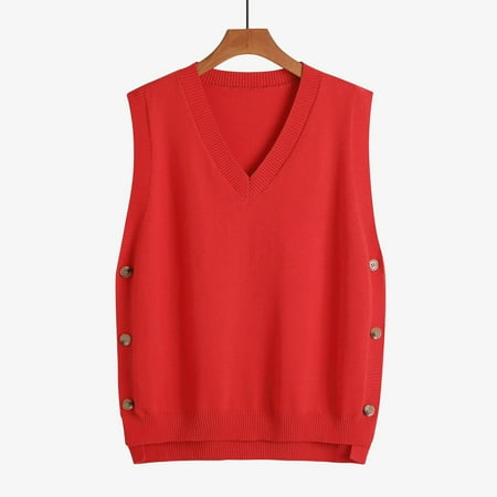 Cavosen V Neck Sweaters for Women Knit Sleeveless Pullover Vest Sweaters High Low Hem Button Breathable Lightweight Sweaters Plain Jumper Sweaters Soft Chunky Clothes Red M