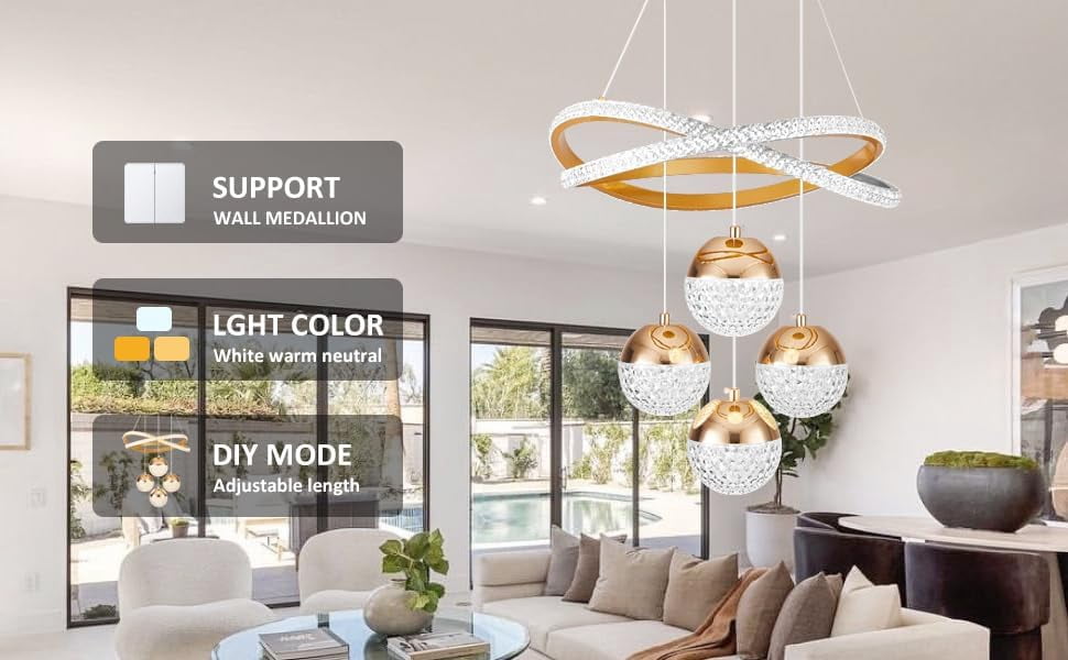 More Change Modern Gold LED Chandeliers, 3-Color Dimmable Pendant Light for Kitchen Island, Dining Room, Living Room, Contemporary Hanging Ceiling Light, Adjustable Height for Modern Home Decor