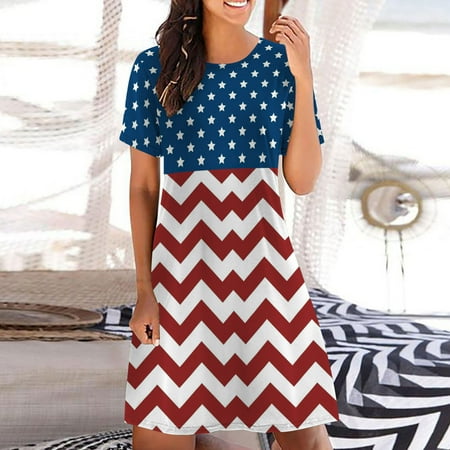 

Hvyesh Summer Dresses Women 2023 Casual Patriotic Midi Dress American Flag Pattern Round Neck Sundresses Short Sleeve Lightweight Dresses Wine