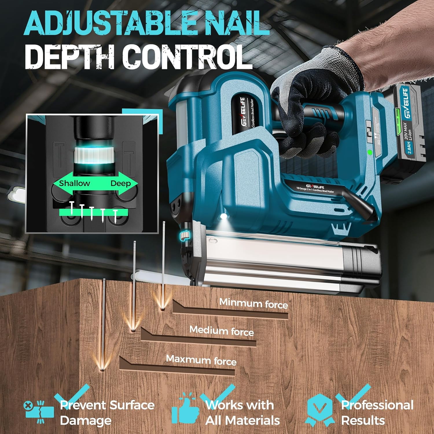 GEVEELIFE Cordless 2" Brad Nailer with 2×2.0Ah Batteries – 2-in-1 18G Nail Gun & Staple Gun, Battery-Powered, 1000 Nails Included, Adjustable Depth, 2 Modes for Wood Carpentry - Dark Blue