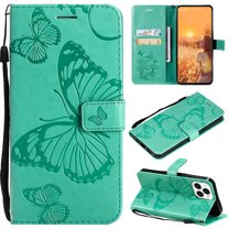 Nalacover For iPhone 13 Pro Max Case,Luxury 360 Protection Embossed Butterfly PU Leather and Soft TPU Flip Kickstand Magnetic Card Wallet Shockproof Protective Cover with Wrist Strap.Green
