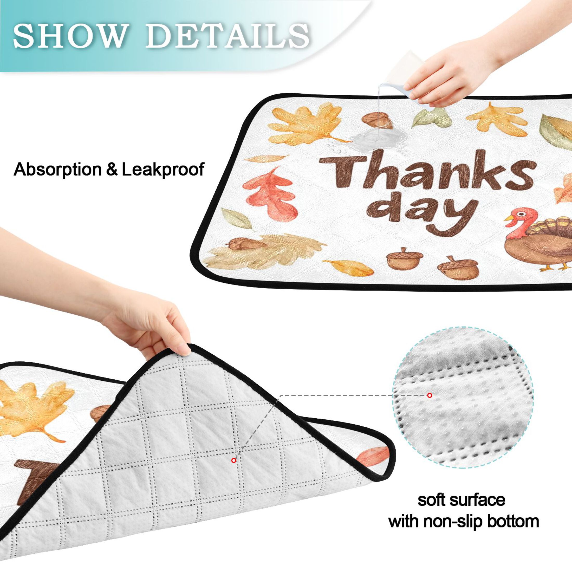 IAUYY Washable Pee Pads for Dogs Smallx3 Absorbent and Leak-Proof Non-Slip Reusable Puppy Pee Pads for Dogs Applicable to Playpen Potty Crate Little Turkey and Acorns