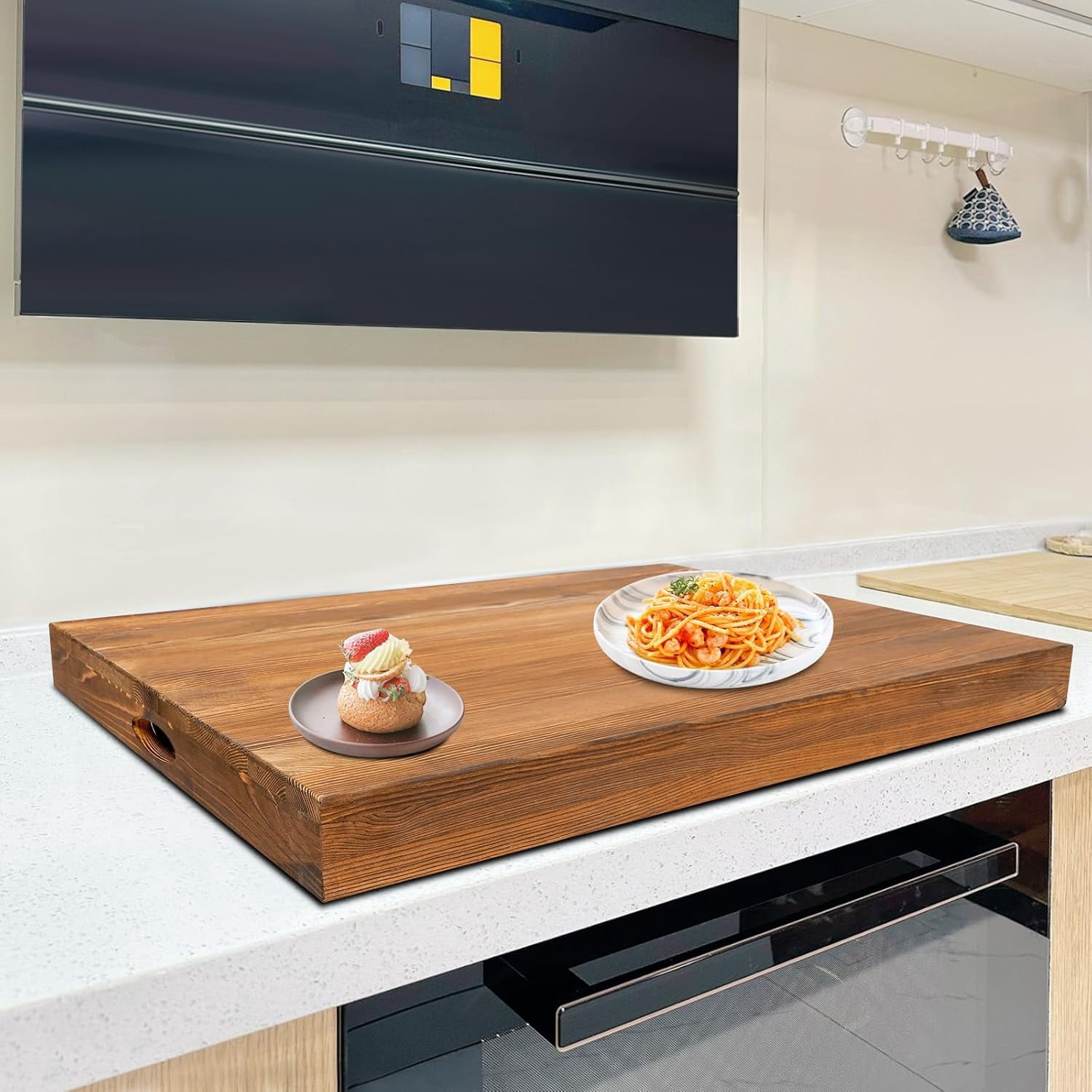 Pine Wood Noodle Board Stove Cover Stove Top Covers for Gas Burners and Electric Stove Decorative Tray Stove Cover Protector for Kitchen RV Cookware (Log Color)