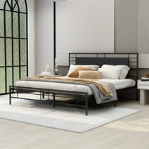 NNV King Size Platform Metal Bed Frame with Leather Upholstered Headboard, Black