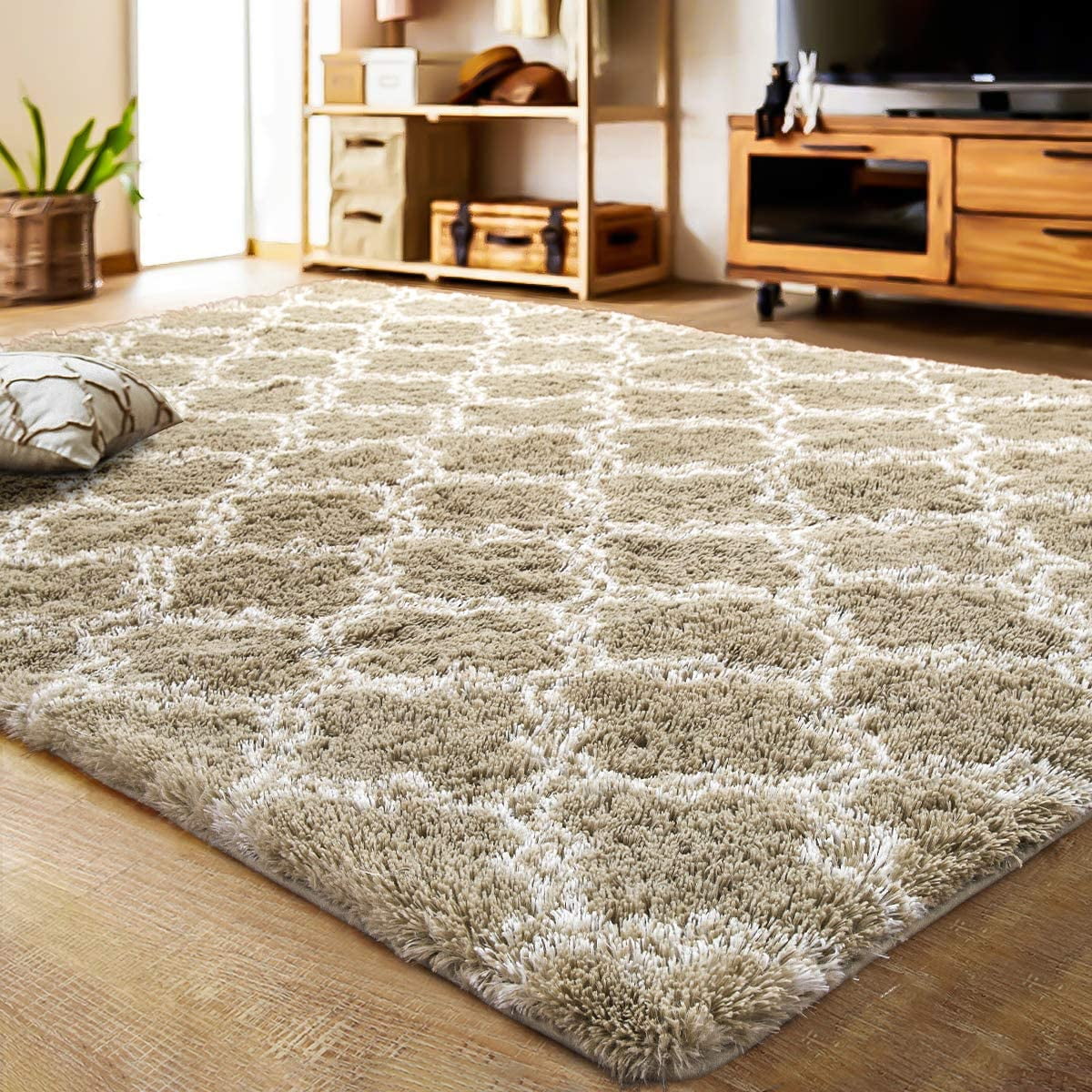 Lochas Shag Area Rug Geometric Plush Fluffy Rugs Soft Moroccan Carpet for Bedroom Living Room Floor Mat Home Decor,8x10ft,Beige/White
