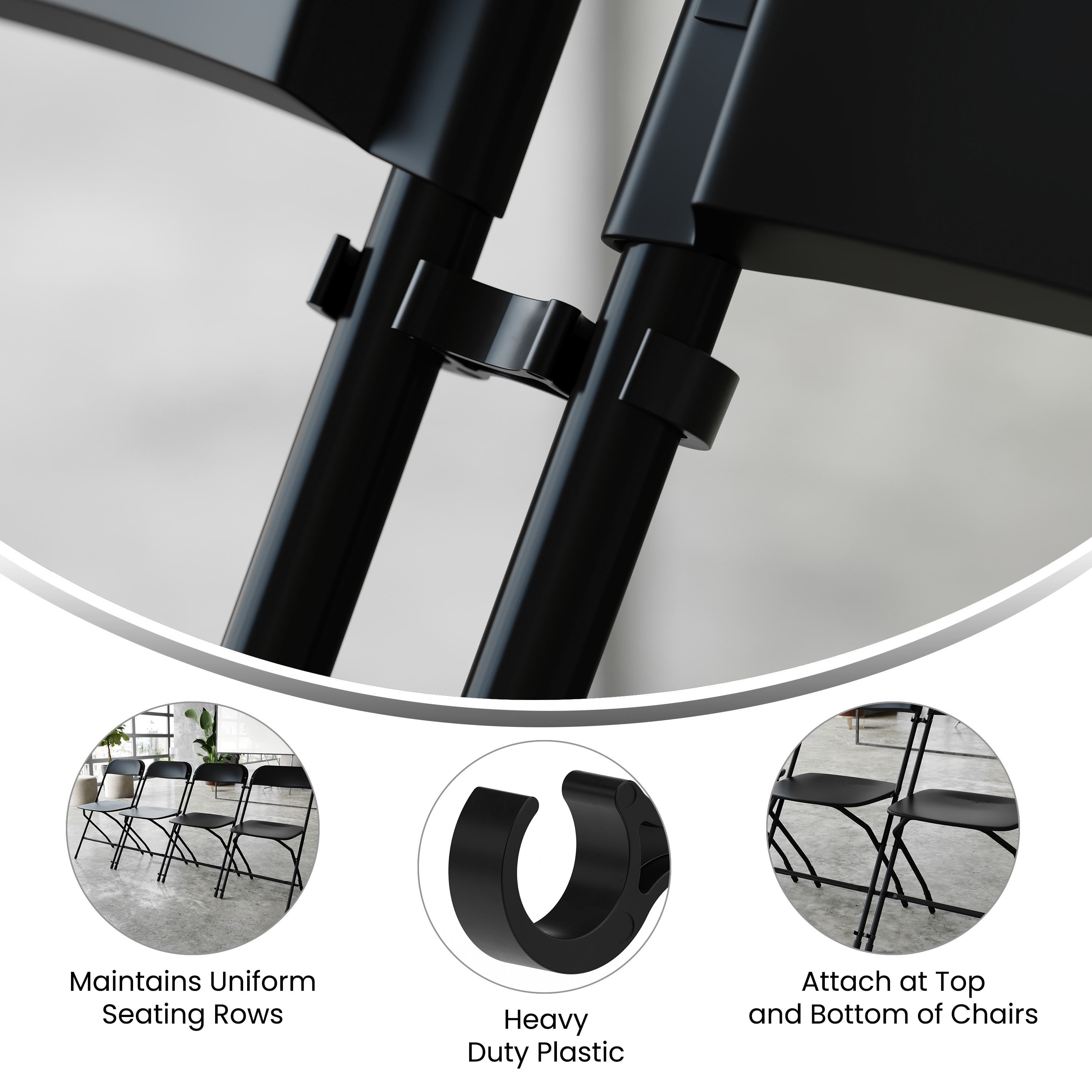 Emma + Oliver Set of 2 Black Wide Plastic Ganging Clips for Extra Wide Chairs