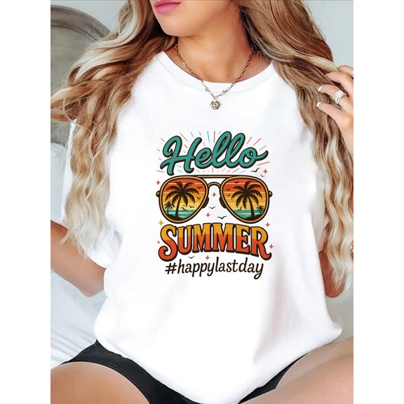 womens white graphic t shirt hello summer tropical beach tee casual short sleeve round neck top for vacation everyday summer outfits machine washable lightweight shirt
