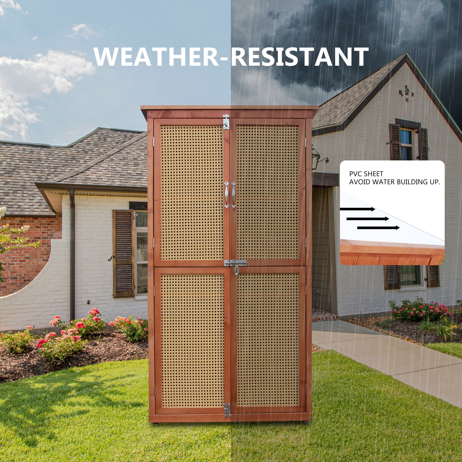 60.6" Storage Cabinet, Wooden Garden Shed with Rattan Doors & Waterproof Roof for Garden, Lawn, Patio - Brown