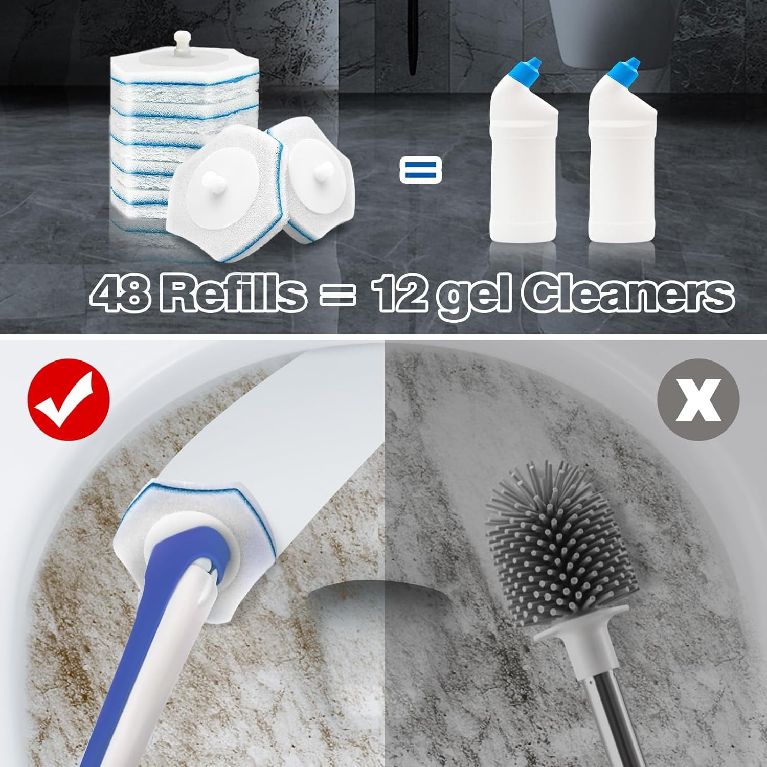 Disposable Toilet Brush with 48 Wand Cleaner Refills, Wall Mounted Toilet Bowl Brush Holder Set, Bathroom Cleaning System for Sink Bathtub Wash Basin (Blue)