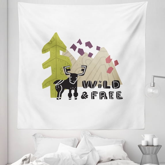 Woodland Animals Tapestry, Wild and Free Lettering Abstract Buffalo Mountain Back Art, Fabric Wall Hanging Decor for Bedroom Living Room Dorm, 5 Sizes, White Khaki Apple Green, by Ambesonne