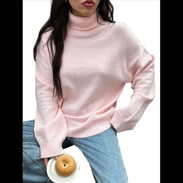 Suéter de Cuello Alto para Mujer, Jersey de Punto Grueso de Larga con Dobladillo Alto y Bajo, Top Moderno para Otoño e Invierno. Rosa M