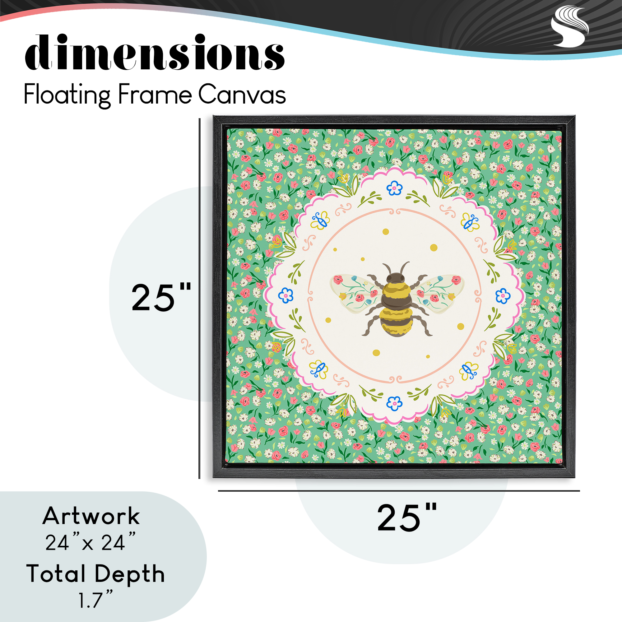 Spring Bee Delicate Florals Black Framed Floater Canvas Wall Art, design by Angela Steahling