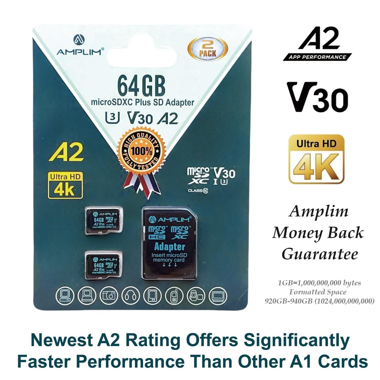 Amplim Micro SD Card 64GB | MicroSD Memory Plus Adapter | A2 MicroSDXC U3 Class 10 V30 UHS-I for GoPro Hero, Surface, Phone, Camera Cam, Tablet | Green 2 Pack