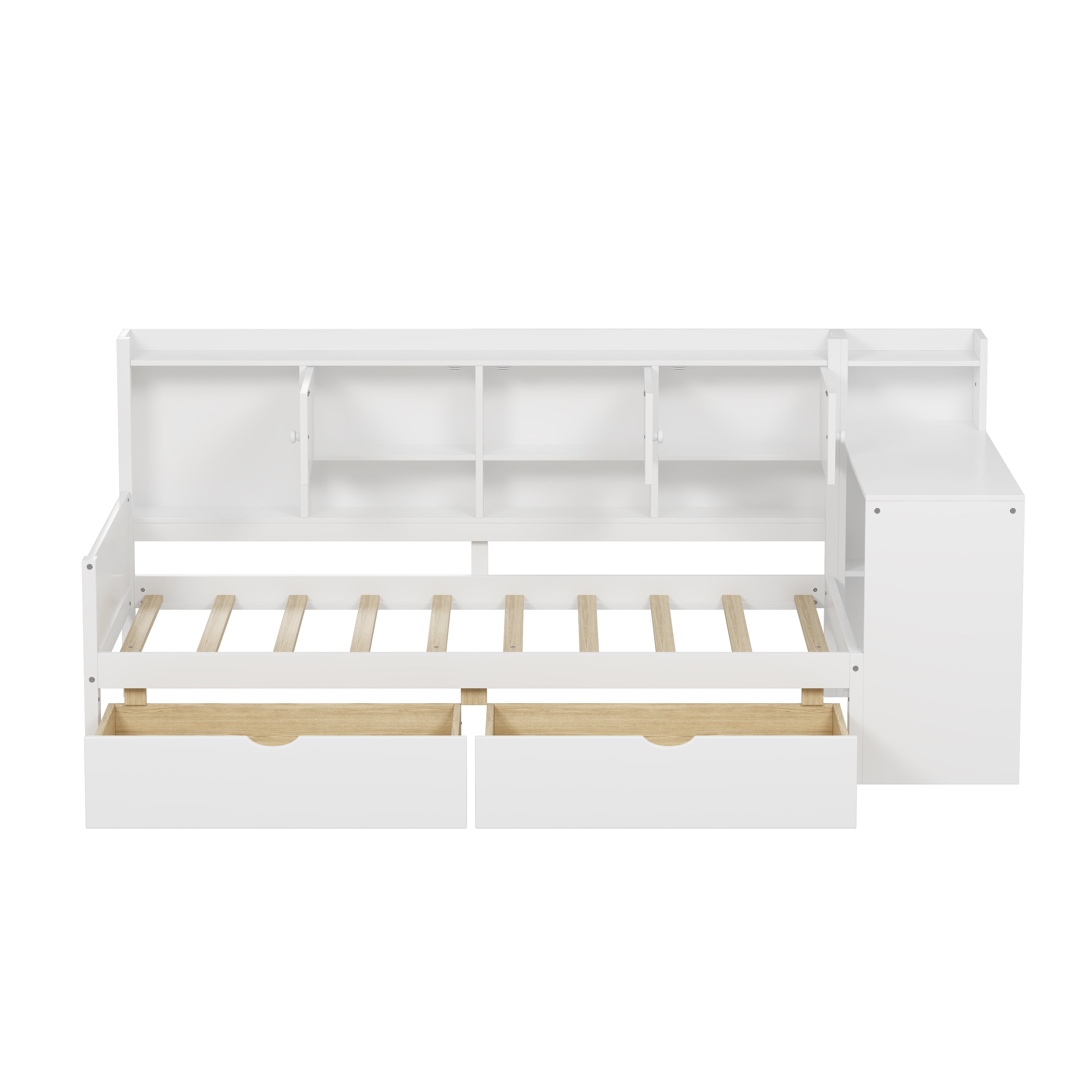 Euroco Wood Twin Size Storage Daybed with Cabinets and Drawers, Functional Bed with Desk and Shelves, White
