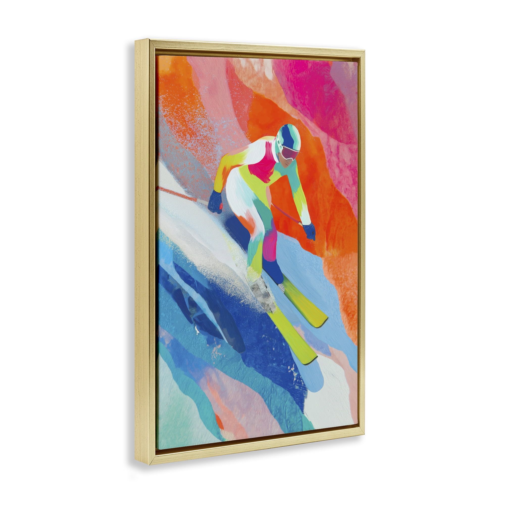 Stupell Industries Skiing Down Neon Slopes Gold Framed Floater Canvas Wall Art, design by Chromatic Storm Studio